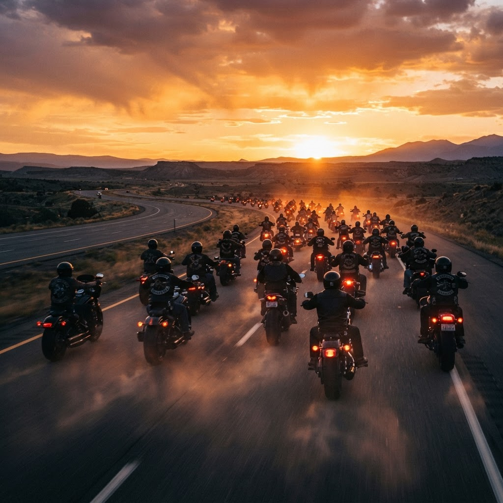 A group of motorcyclists riding into a golden sunset