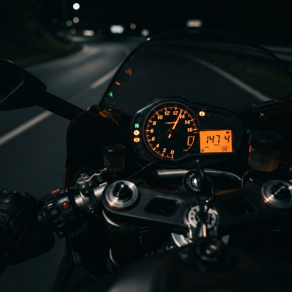 A glowing motorcycle instrument cluster at night